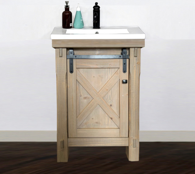 24 Rustic Solid Fir Barn Door Style Vanity With Ceramic Single Sink No Faucet Farmhouse 