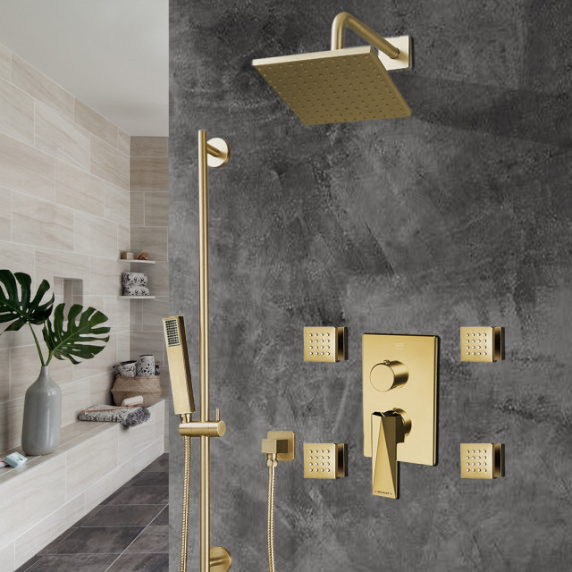 Bravat Brushed Gold Square Shower Set, Valve Mixer 3-Way Concealed Wall ...