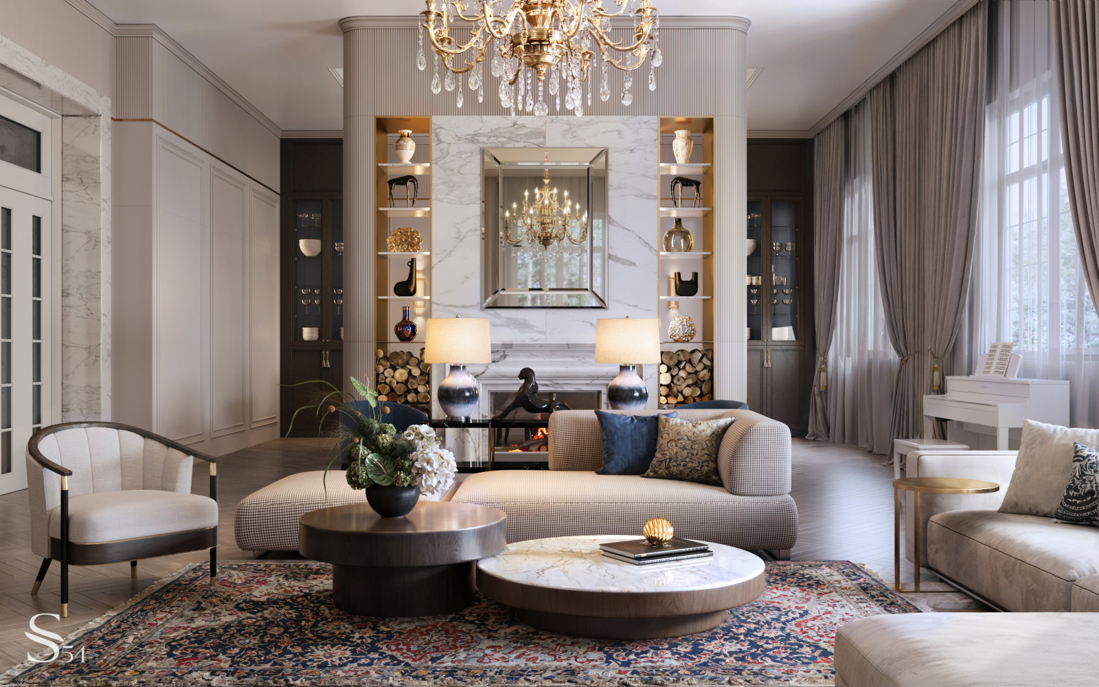 Интерьер выдержан в светлых тонах с акцентными деталями