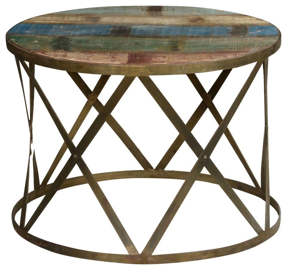 Retro Style Solid Wood and Iron Round Industrial Coffee Table