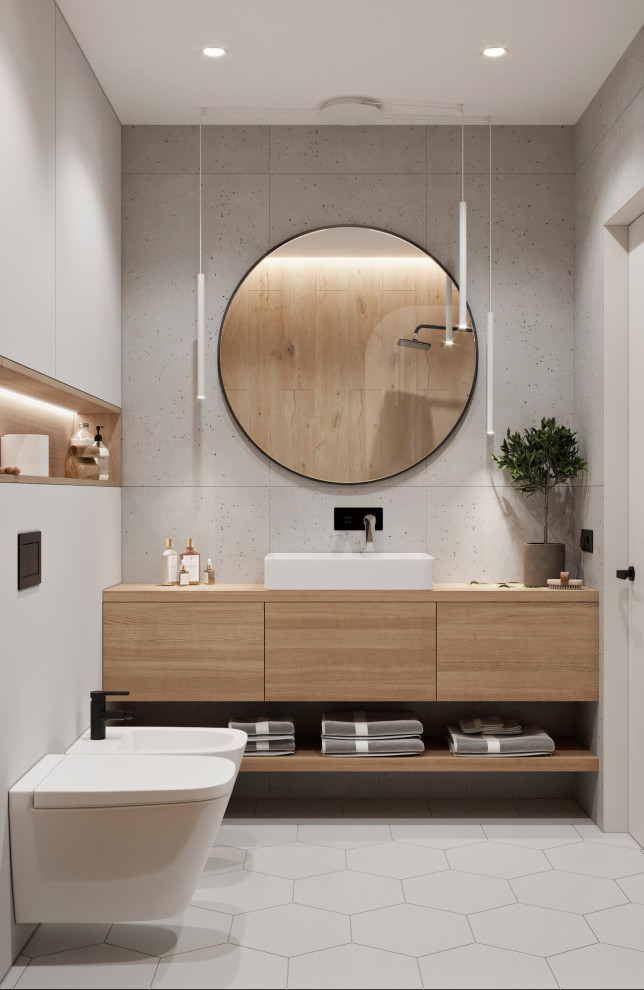 Mid-sized scandinavian master bathroom in Other with flat-panel cabinets, medium wood cabinets, an undermount tub, a wall-mount toilet, gray tile, porcelain tile, grey walls, ceramic floors, a vessel sink, wood benchtops, white floor, a shower curtain, beige benchtops, a single vanity and a floating vanity.