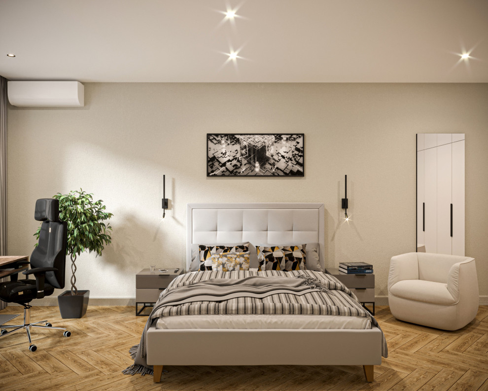 Дизайн минималистичной квартиры с серой кухней для студента в ЖК Glorax