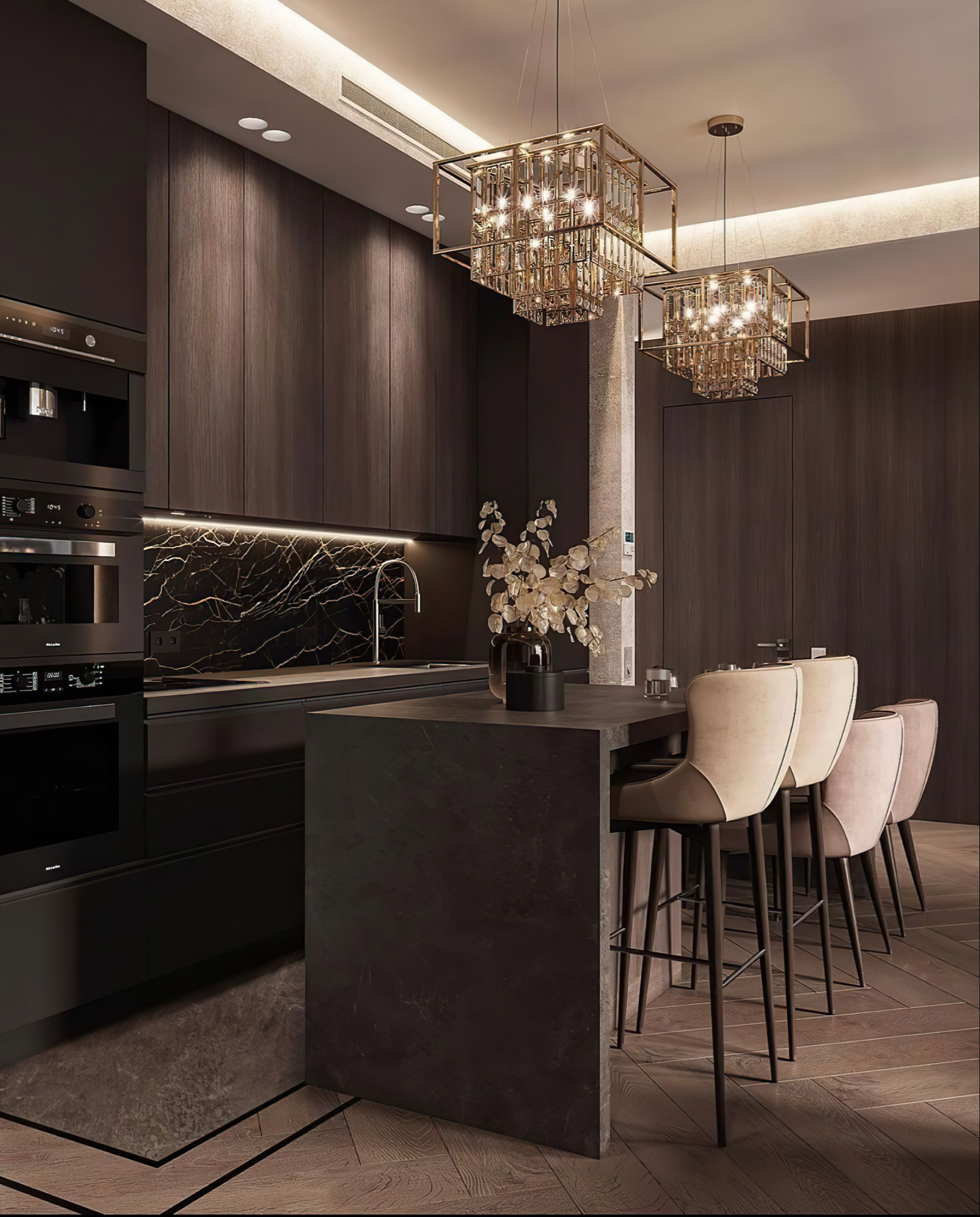 Open concept kitchen - mid-sized contemporary galley ceramic tile, pink floor and tray ceiling open concept kitchen idea in Marseille with an undermount sink, flat-panel cabinets, dark wood cabinets,