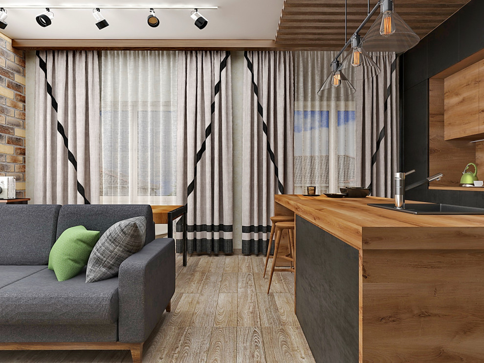 Кухня-гостиная в стиле лофт.