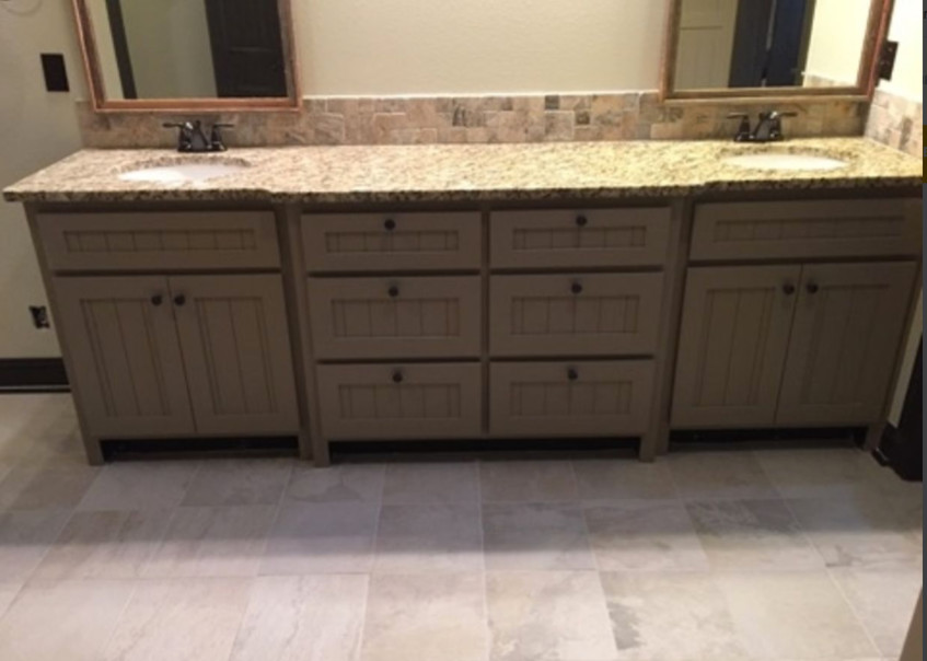 Freestanding bathtub - mid-sized transitional master ceramic tile and beige floor freestanding bathtub idea with beaded inset cabinets, gray cabinets, a one-piece toilet, beige walls, an undermount sink and granite countertops