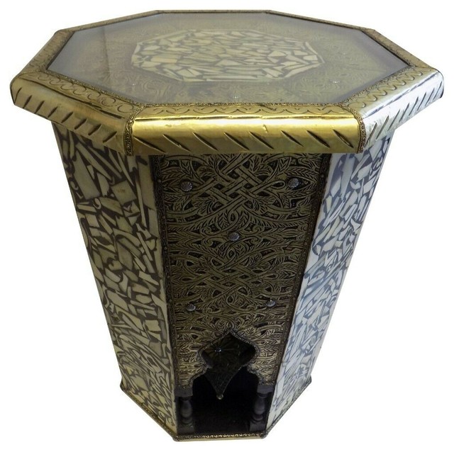 Moroccan End Table Engraved Gold and Silver Furniture with Glass Top