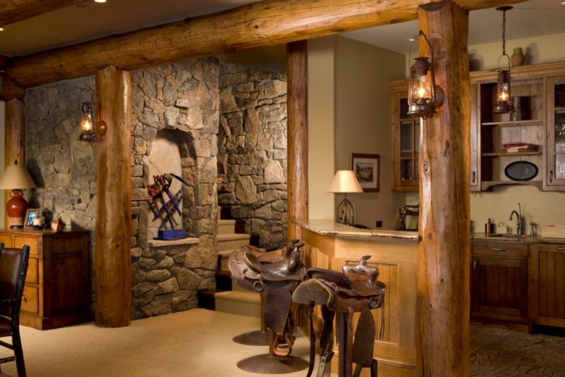 Inspiration for a rustic basement remodel in Denver