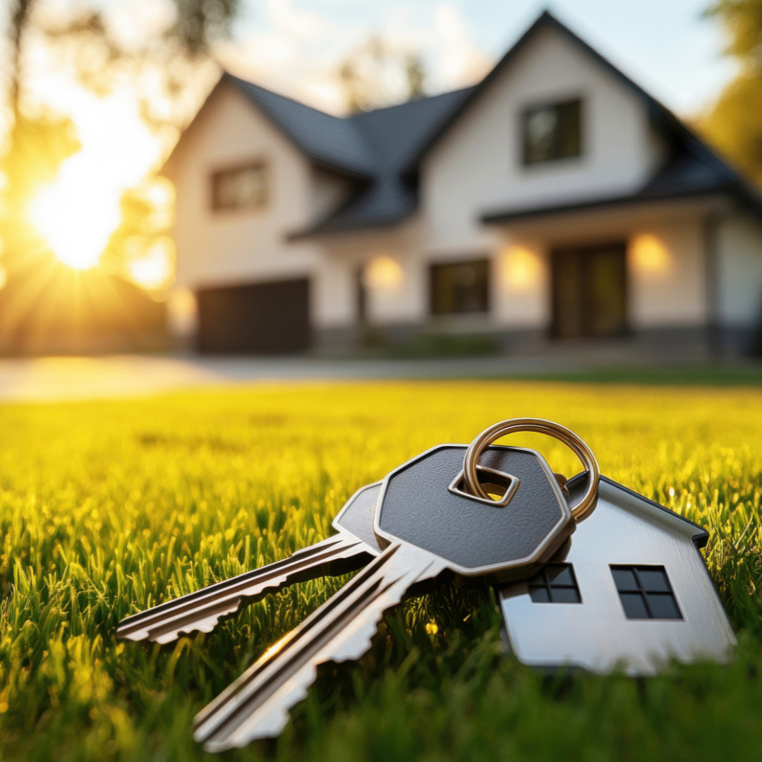 new home with keys in front yard
