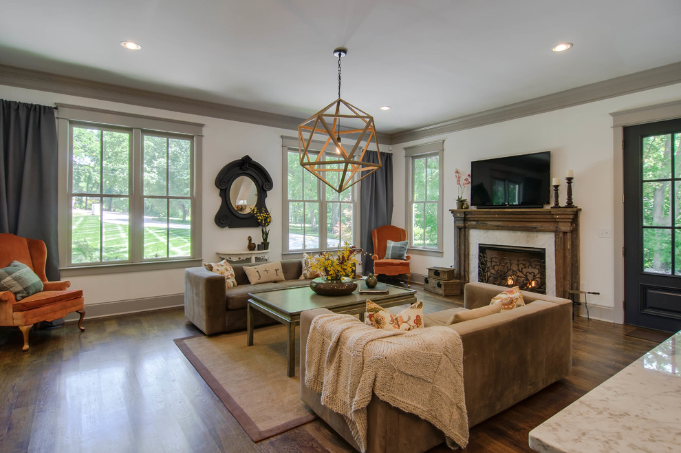 Living room - transitional living room idea in Nashville with white walls