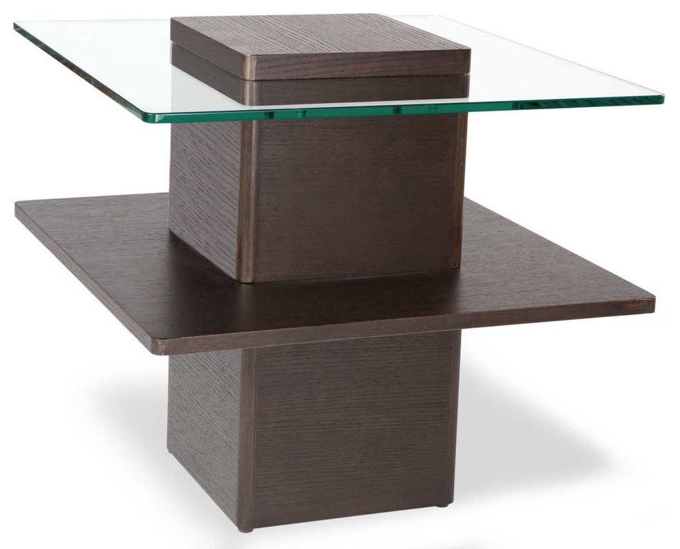 Modern Louie Side Table Clear Glass, Brown Oak Base, Featuring Two Tier Shelving Contemporary