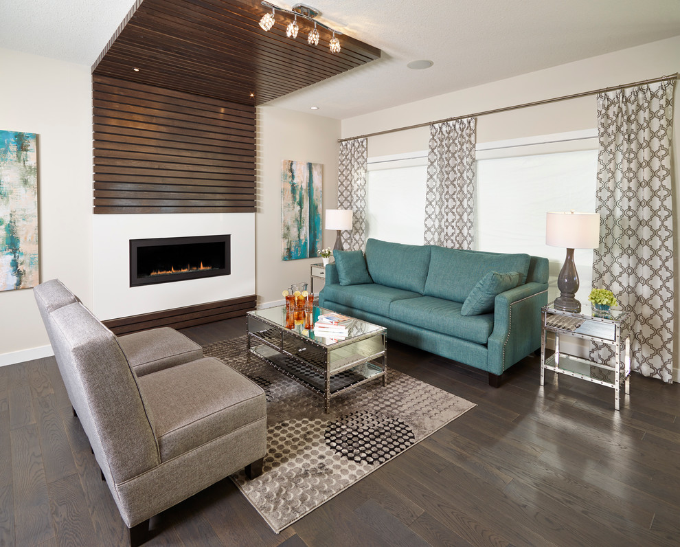Inspiration for a contemporary open concept living room in Edmonton with beige walls, dark hardwood floors and a ribbon fireplace.