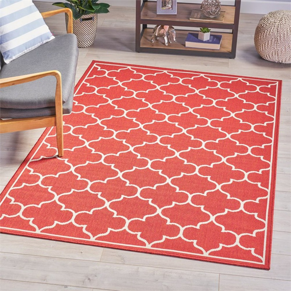 Noble House Makena 90x63" Indoor Fabric Geometric Area Rug in Red and Ivory