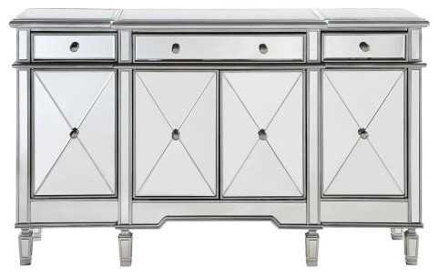 Contemporary 3-Drawer 4-Door Mirrored Console Cabinet, Silver Clear