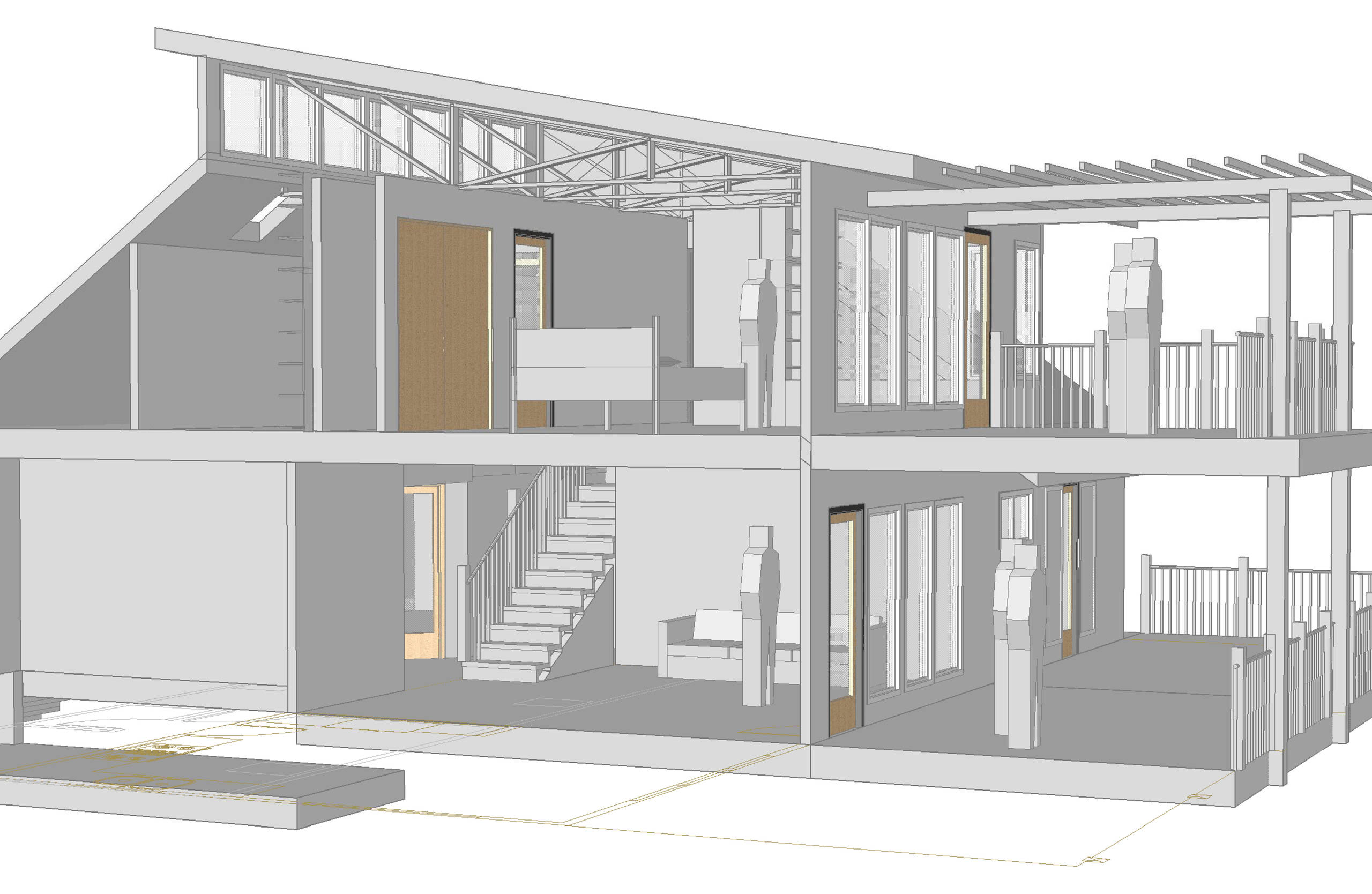 Section View showing lower living/deck and upper master bedroom and deck