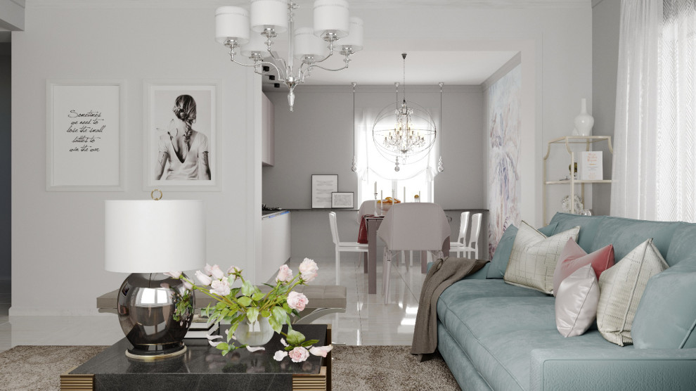 Интерьер кухни-гостиной в коттедже для семьи из 4 человек