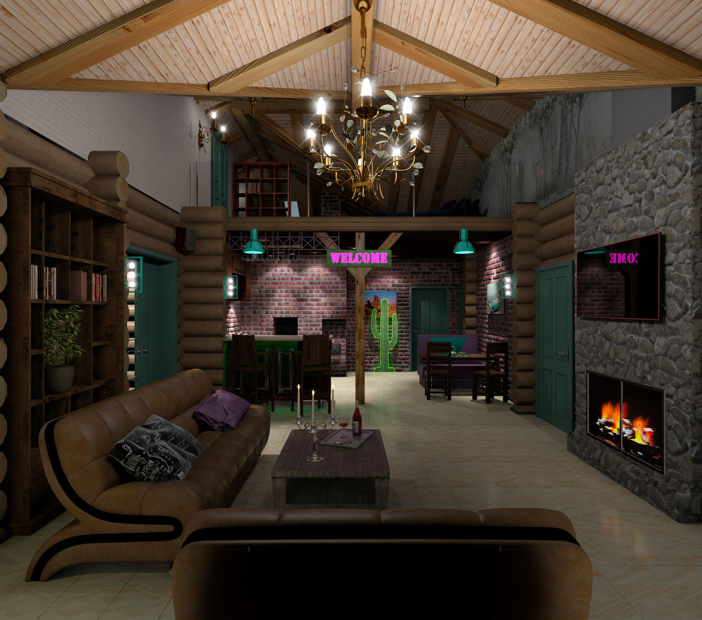 Гостинная дома из сруба в стиле кантри