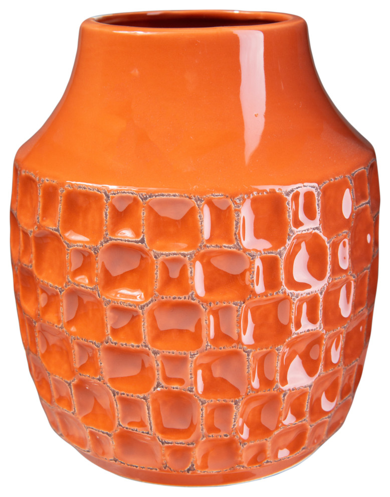 Round Ceramic Vase with Debossed Abstract Design Gloss Orange Finish