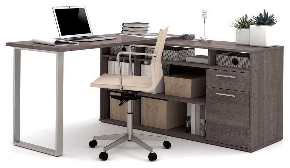 LShaped Desk, Lateral File, Bookcase, 3Piece Set, Bark Gray Finish