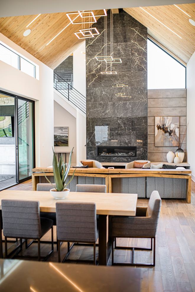 Cette image montre une salle à manger nordique fermée et de taille moyenne avec un mur blanc, un sol en bois brun, une cheminée standard et un manteau de cheminée en métal.