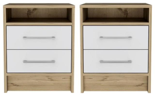 Home Square Eter Engineered Wood Nightstand in White & Light Oak - Set of 2