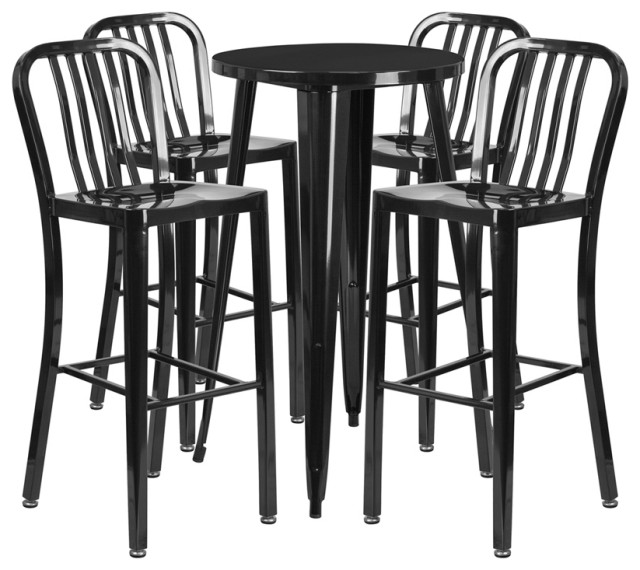 24" Round Metal Indoor/Outdoor Bar Table Set, Black Contemporary