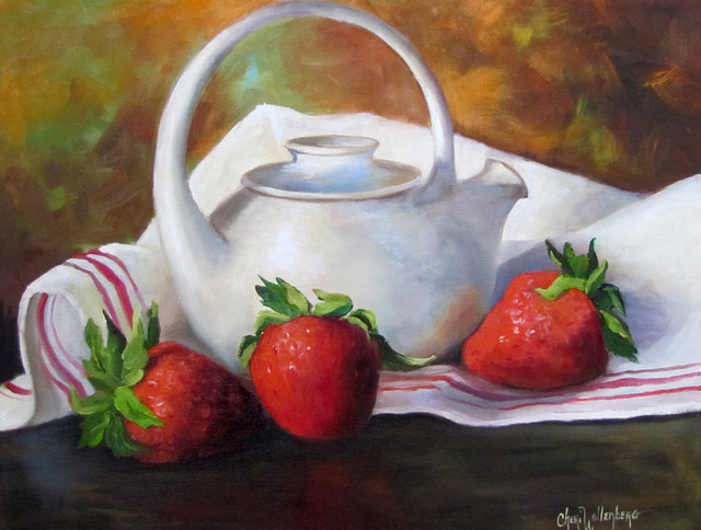 "Red Strawberries and White Pottery Teapot" Original Oil Painting