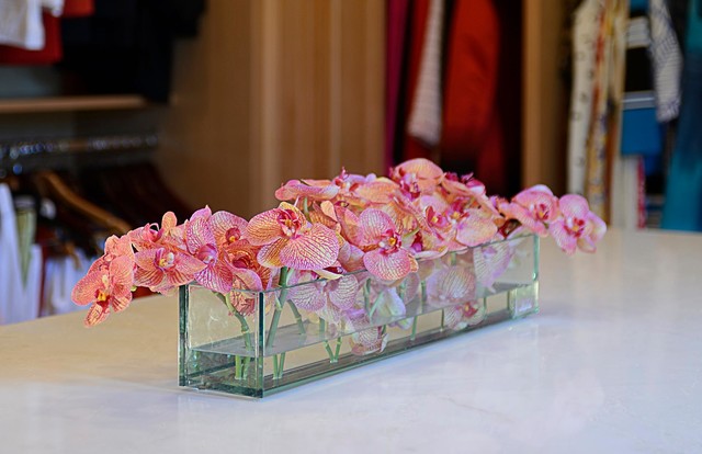 Emilio Robba Fuchsia Orchid in Glass Plate Vase - Living Room