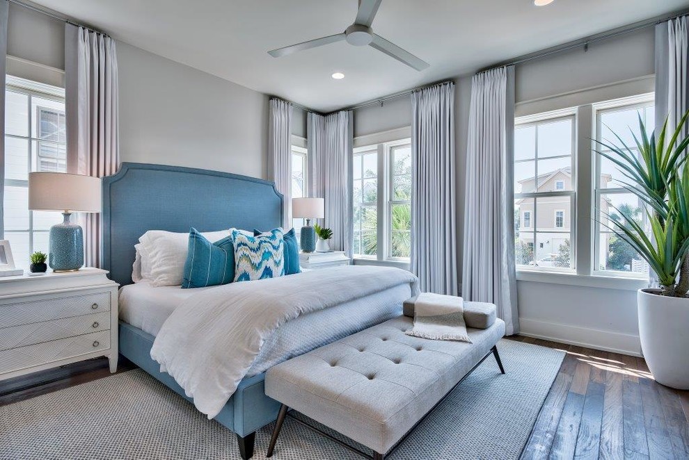 Bedroom - transitional dark wood floor and brown floor bedroom idea in Miami with gray walls