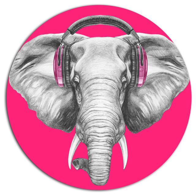 Elephant With Headphones, Animal Art Large Disc Metal Wall Art, Disc of ...