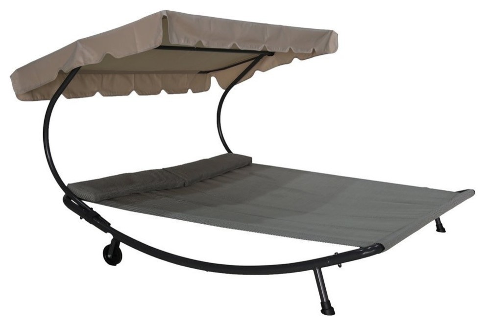 Outdoor Double Chaise Lounge Hammock Bed With Sun Shade and Wheels