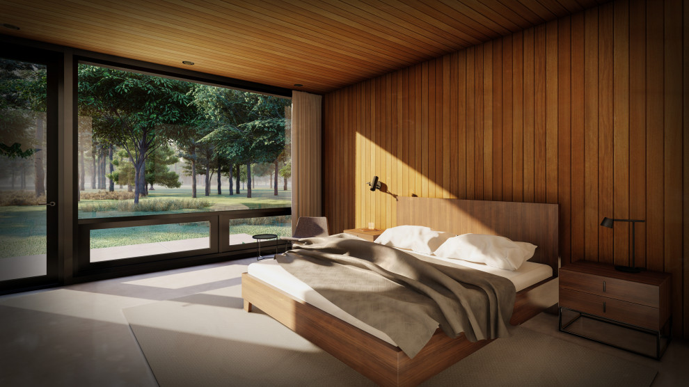Modern master bedroom in Other with concrete floors, grey floor, wood and wood walls.