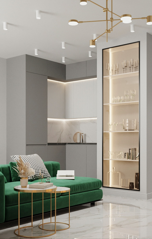 Квартира с гостиной с элементами ар-деко в современной интерпретации