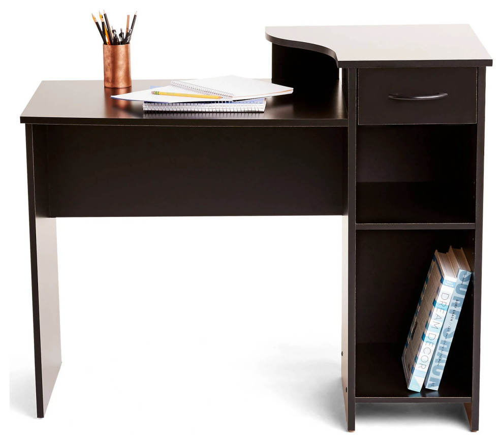 Modern Desk, Rectangular Top With Raised Shelf & Storage Drawers