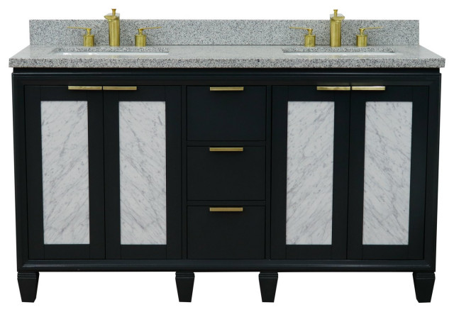 61" Double Sink Vanity, Dark Gray Finish With Gray Granite And ...