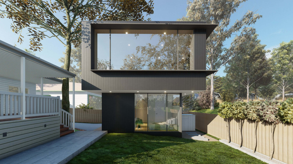 Идея дизайна: маленький, двухэтажный, черный мини дом в стиле модернизм с комбинированной облицовкой для на участке и в саду