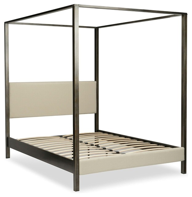 King Size Upholstered Canopy Bed Frame With Wood Slats In Platinum