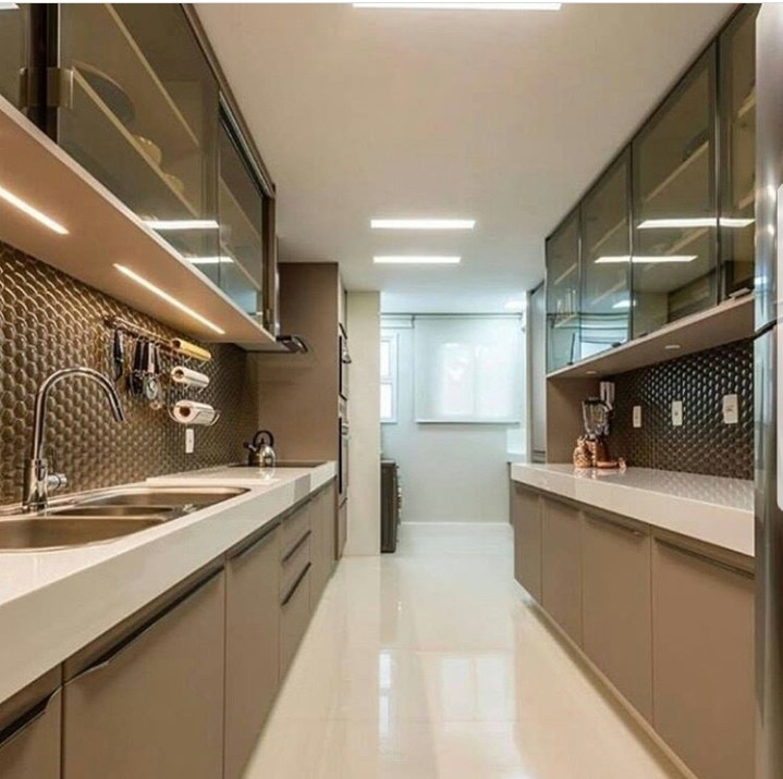 Design ideas for a mid-sized modern galley eat-in kitchen in Delhi with a double-bowl sink, open cabinets, beige cabinets, laminate benchtops, beige splashback, granite splashback, panelled appliances, ceramic floors, a peninsula, beige floor, beige benchtop and coffered.