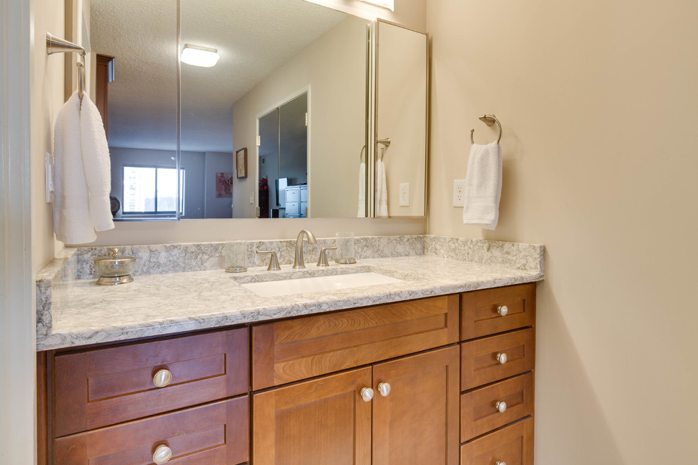 This is an example of a small transitional master bathroom in DC Metro with shaker cabinets, a shower/bathtub combo and an undermount sink.