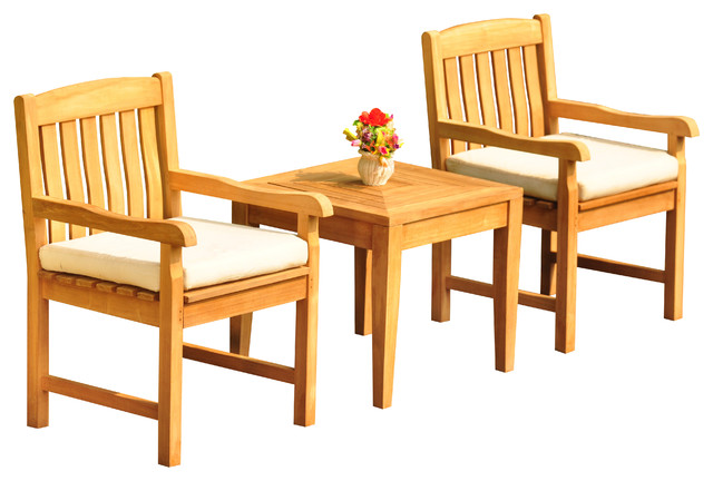 3-Piece Outdoor Teak Dining Set, 23.5" Square Table, 2 Devon Arm Chairs