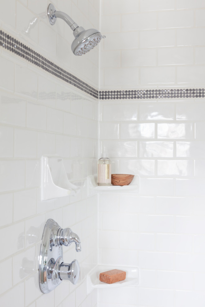 Mid-sized transitional master white tile ceramic tile, white floor and double-sink alcove shower photo in Chicago with shaker cabinets, light wood cabinets, a two-piece toilet, gray walls, a drop-in sink, quartz countertops, a hinged shower door, gray countertops and a freestanding vanity