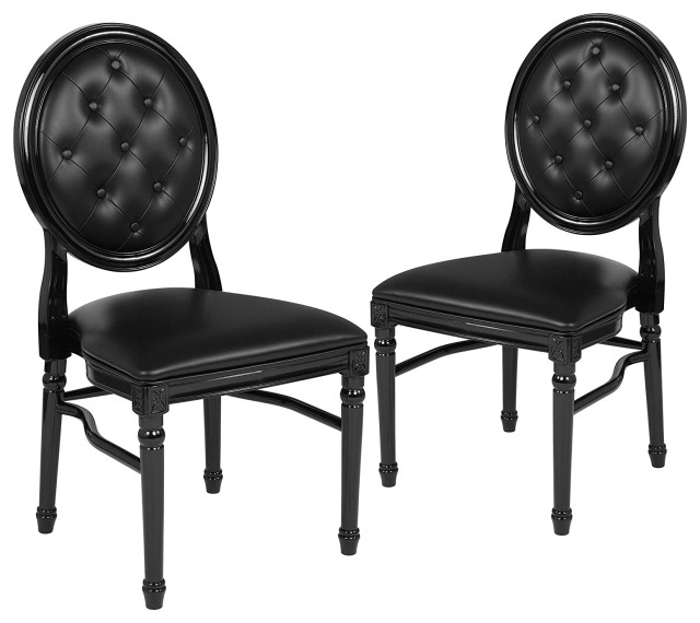 Set of 2 Dining Chair, Vinyl Seat With Rounded Button Tufted Backrest, Black Traditional
