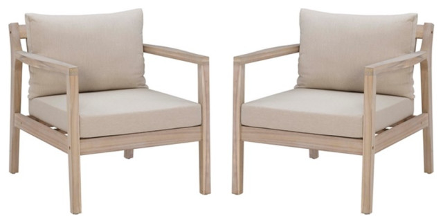 Linon Kori Outdoor Wood Set of Two Side Chairs with Cushions in Natural