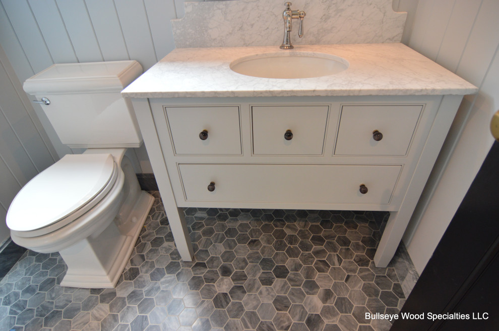 Photo of a mid-sized transitional master bathroom in DC Metro with flat-panel cabinets, grey cabinets, white tile, marble benchtops, grey benchtops, a double vanity and a freestanding vanity.