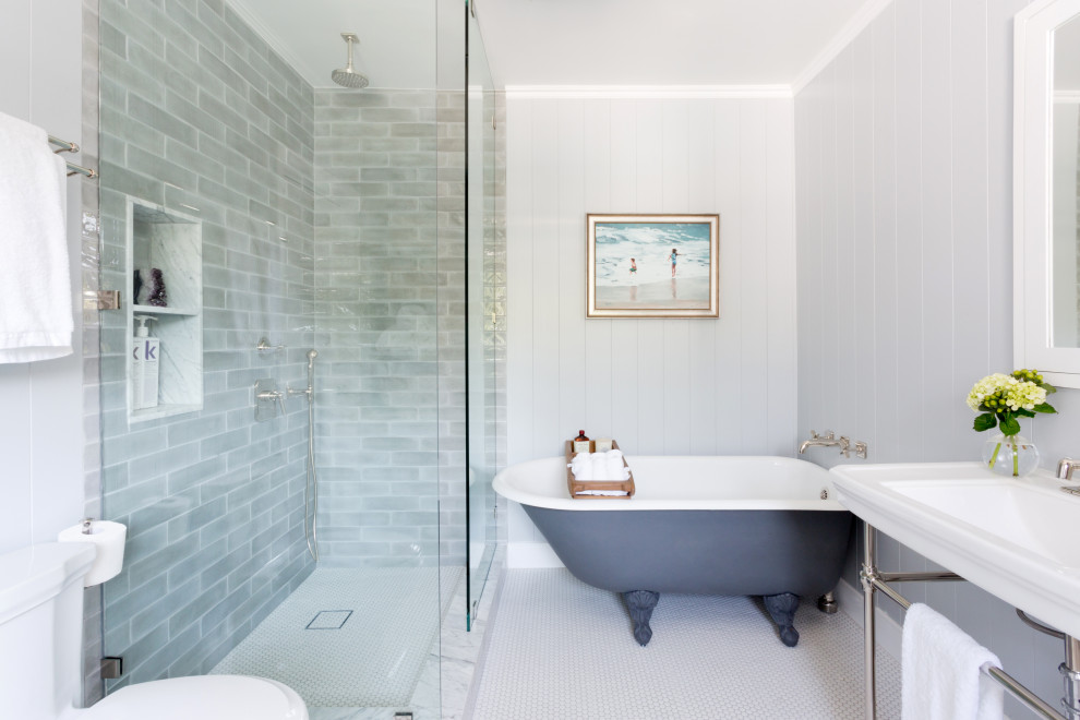Inspiration for a classic bathroom in Los Angeles with a claw-foot bath, a corner shower, grey tiles, metro tiles, grey walls, mosaic tile flooring, a console sink, white floors, an open shower, a wall niche, a single sink and tongue and groove walls.