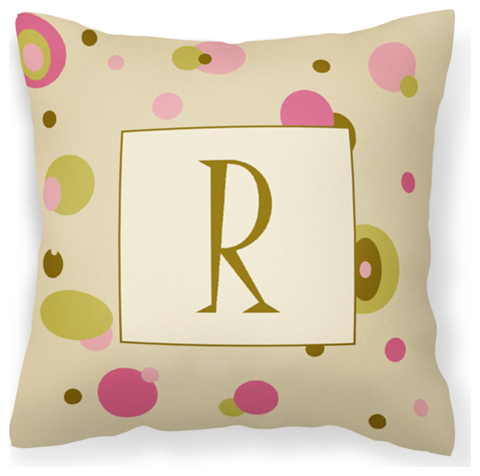 Letter R Initial Monogram Tan Dots Pillow, Large, 14"x14" Contemporary Outdoor Cushions And