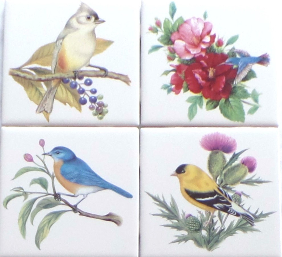 Blue Bird with Pink Flowers Ceramic Tile 4.25" Yellow Song Bird Kiln Fired Decor