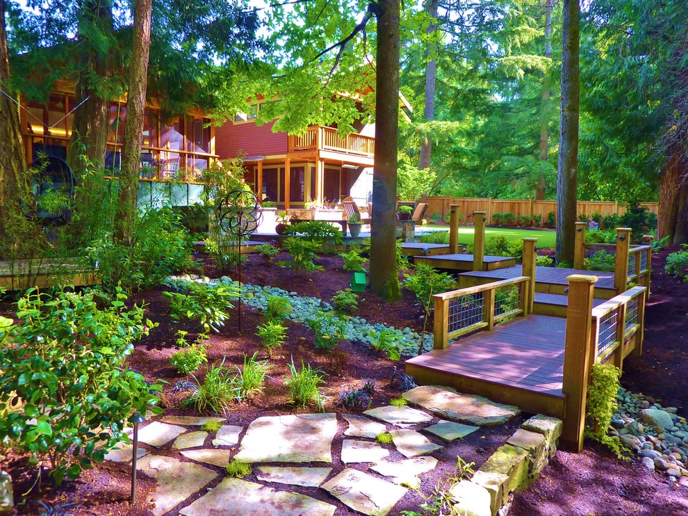 Inspiration for a large craftsman backyard stone patio kitchen remodel in Seattle with a roof extension