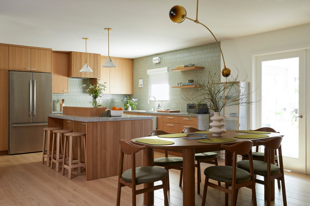 Small trendy light wood floor and brown floor great room photo in San Francisco with white walls
