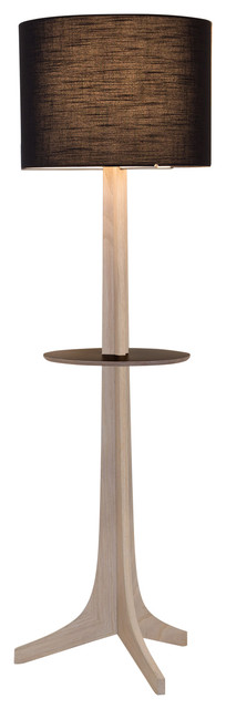 Nauta Floor Lamp, Brushed Brass, White Washed Oak, Black Amaretto/Black Hpl Top Surface, Matching Wood Shelf With Black Hpl Top Surface