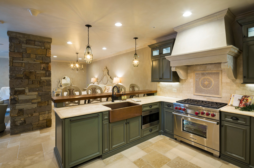 Example of a large mountain style u-shaped marble floor eat-in kitchen design in Charlotte with an undermount sink, recessed-panel cabinets, green cabinets, granite countertops, white backsplash, stone tile backsplash, stainless steel appliances and an island